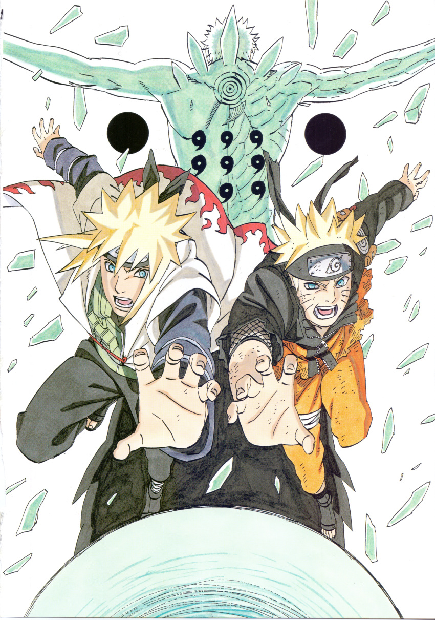 3boys, absurdres, black_jacket, black_pants, blonde_hair, blue_eyes, coat, colored_skin, facial_mark, father_and_son, flak_jacket, flame_print, forehead_protector, highres, jacket, kishimoto_masashi, konohagakure_symbol, magatama, multicolored_jacket, multiple_boys, namikaze_minato, naruto_(series), naruto_shippuuden, official_art, open_clothes, open_coat, orange_jacket, orange_pants, pants, print_coat, short_hair, spiky_hair, two-tone_jacket, uchiha_obito, uchiha_obito_(juubi_jinchuriki), uzumaki_naruto, whisker_markings, white_coat, white_skin