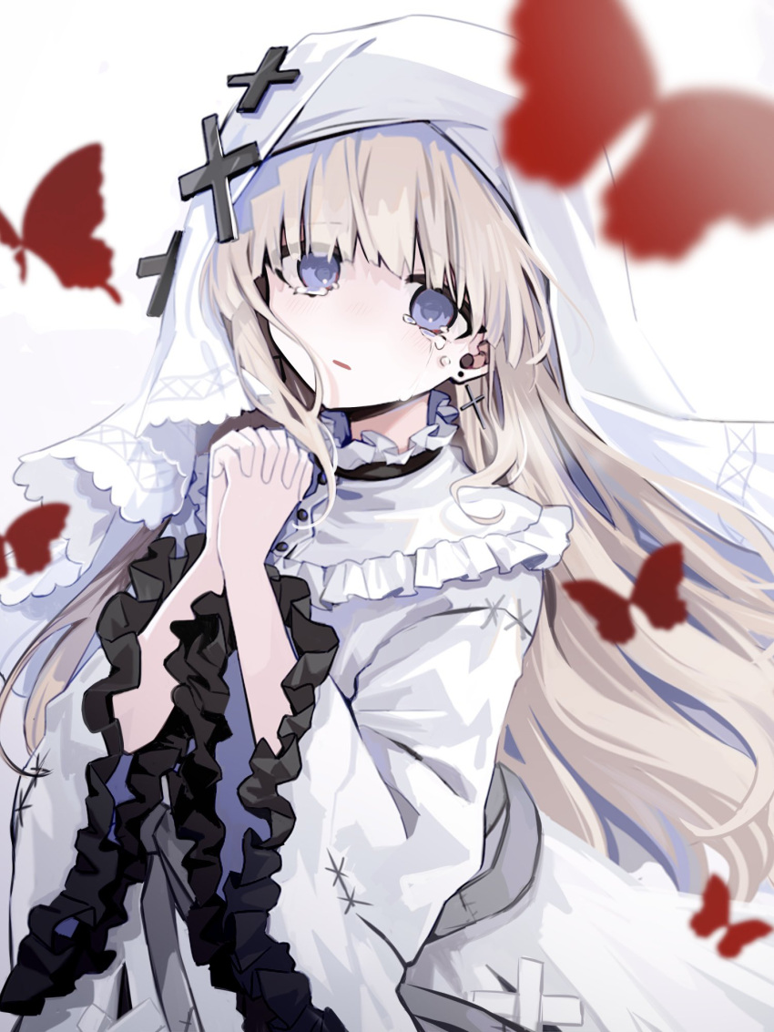 1girl, blonde_hair, bug, butterfly, cowboy_shot, cross, cross_earrings, crying, crying_with_eyes_open, dress, earrings, frilled_dress, frilled_sleeves, frills, hands_up, hashtag-only_commentary, highres, hikami_meruru, interlocked_fingers, jewelry, long_hair, long_sleeves, looking_at_viewer, magical_girl, mahou_shoujo_no_majo_saiban, open_mouth, own_hands_together, red_butterfly, shion_(yuyu3113), solo, standing, tears, veil, violet_eyes, white_background, white_dress, white_veil