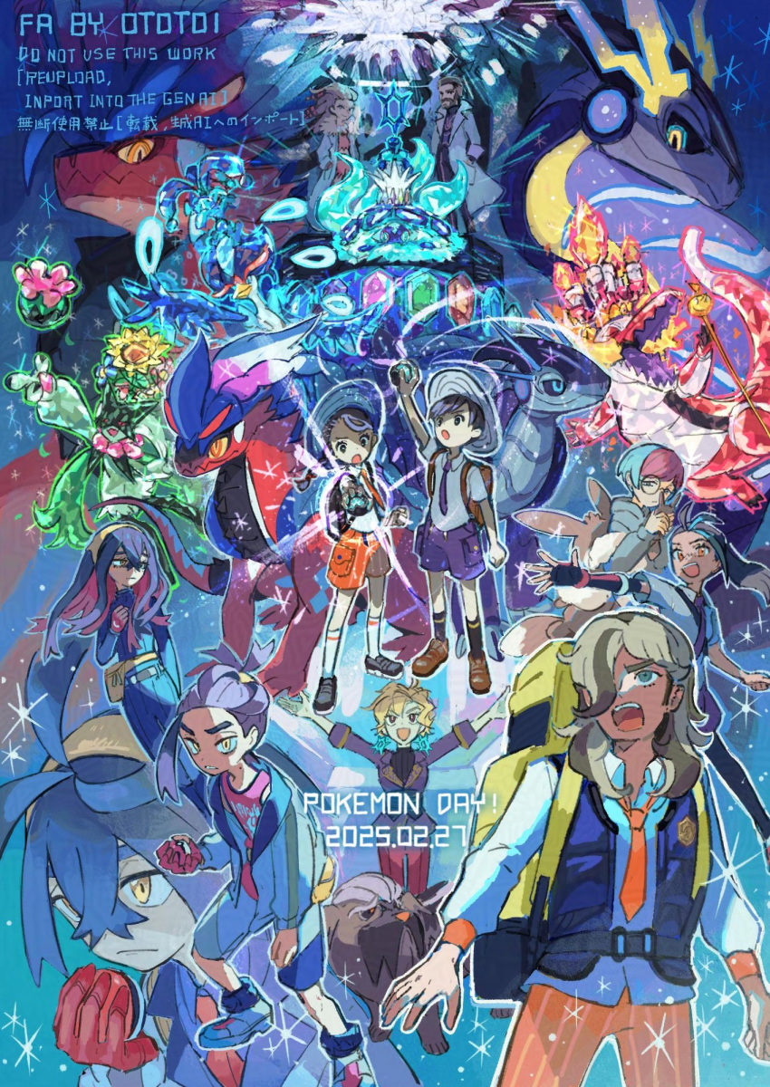 4boys, 6+girls, arm_up, arven_(pokemon), backpack, bag, black_hair, blonde_hair