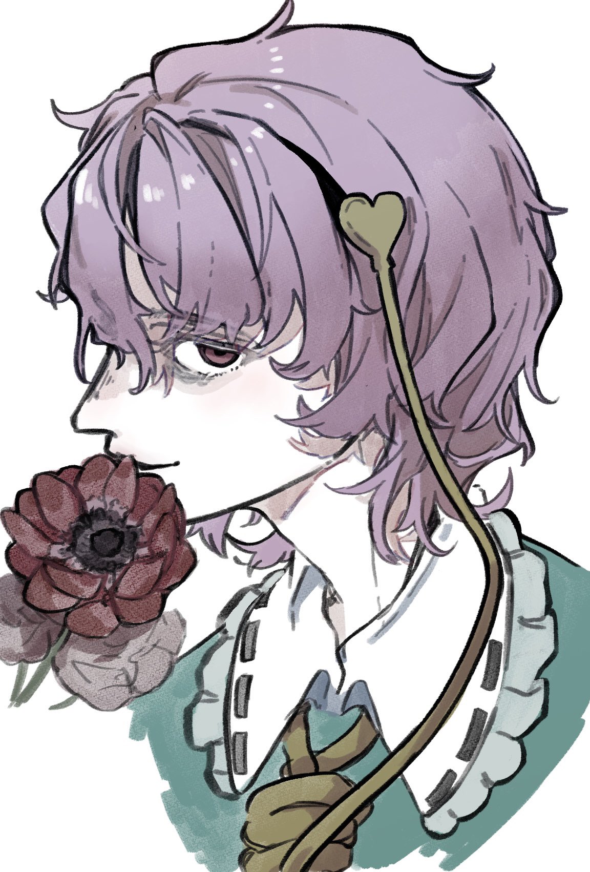 1girl, aqua_shirt, black_hairband, closed_mouth, collar, flower, frilled_collar, frills