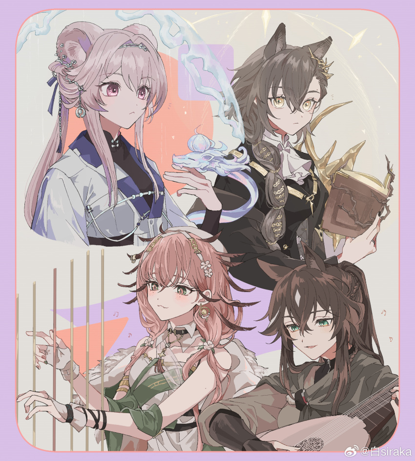 4girls, :3, animal_ears, arknights, ascot, book, border, bridal_gauntlets
