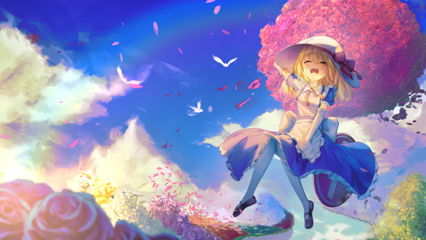 1girl, absurdres, apron, bird, blonde_hair, blue_dress, blue_sky, dress, elbow_gloves, flower, frilled_dress, frilled_sleeves, frills, gloves, hand_on_headwear, happy, hat, hat_ribbon, highres, kana_anaberal, mary_janes, necktie, one_eye_closed, open_mouth, outdoors, pantyhose, petals, puffy_short_sleeves, puffy_sleeves, red_necktie, red_ribbon, red_shoes, ribbon, road_sign, shoes, short_sleeves, sign, sky, solar_torch, solo, stop_sign, touhou, touhou_(pc-98), white_apron, white_gloves, white_hat, white_pantyhose, yellow_eyes