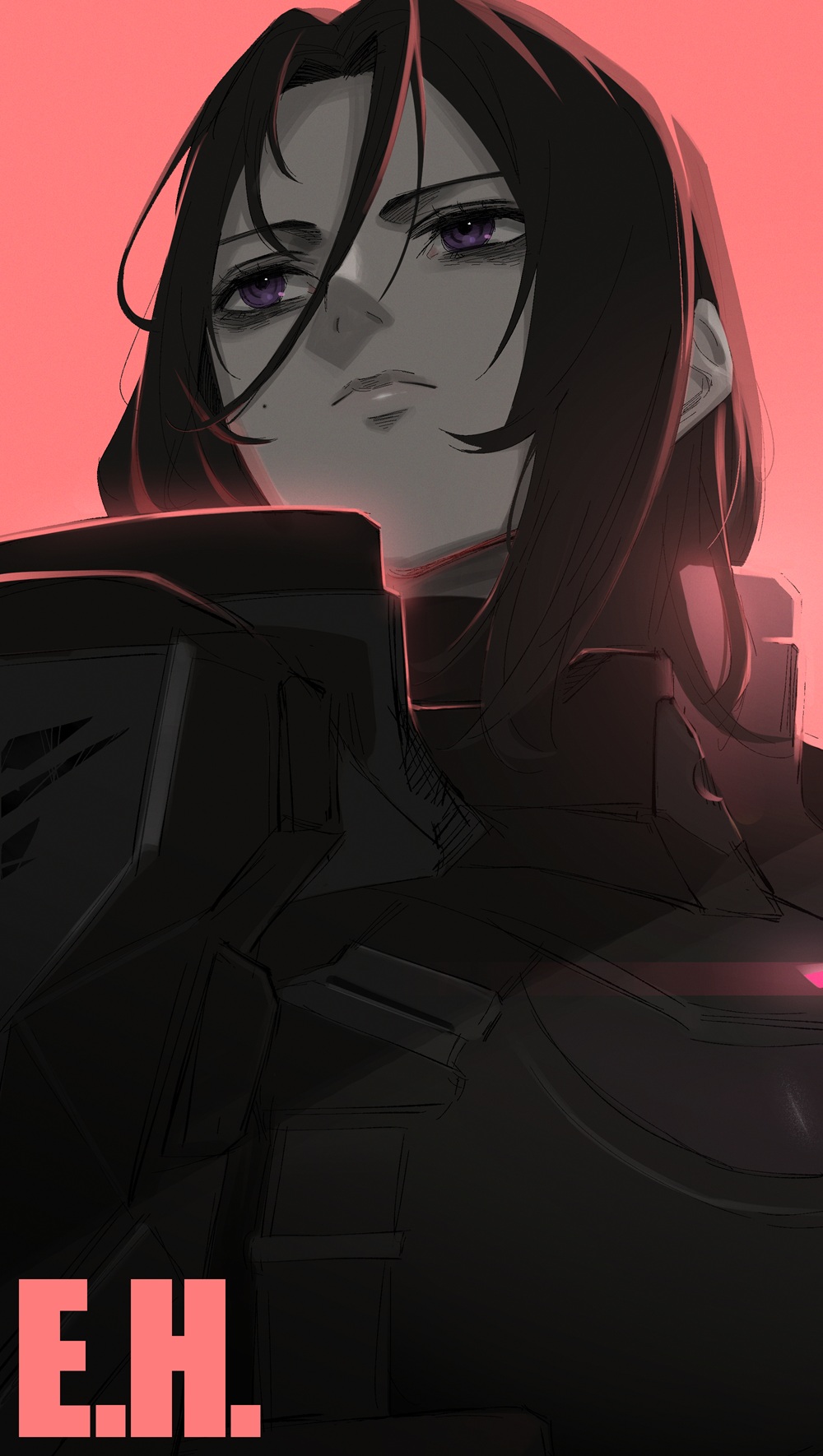 1girl, armor, black_hair, body_armor, close-up, commentary, elysion_harper_(nikke), from_below