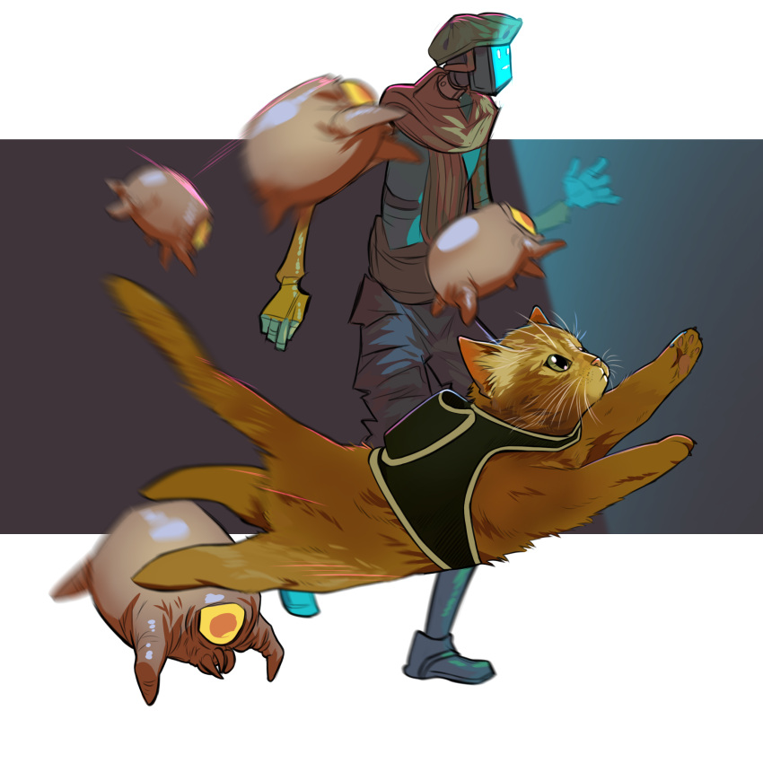 1other, animal, animal_focus, black_vest, clothed_animal, ginger_(stray), green_eyes, griffmon