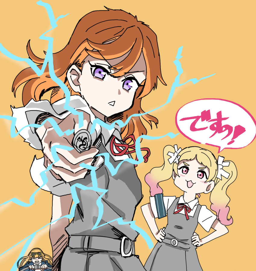 2girls, :<, :3, :d, blonde_hair, cable, colored_speech_bubble, commentary_request, conodon2, electricity, electrokinesis, eyewear_on_head, gradient_hair, hair_ribbon, heanna_sumire, highres, holding, holding_cable, looking_at_viewer, love_live!, love_live!_superstar!!, multicolored_hair, multiple_girls, onitsuka_natsumi, orange_hair, parody, pink_hair, railgun_(misaka_mikoto), ribbon, shibuya_kanon, simple_background, smile, speech_bubble, sunglasses, toaru_kagaku_no_railgun, toaru_majutsu_no_index, triangle_mouth, twintails, v-shaped_eyebrows, violet_eyes, white_ribbon, yellow_background