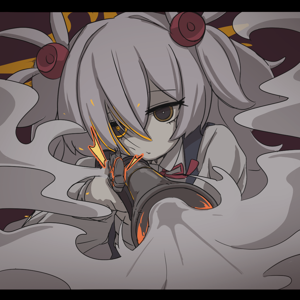 1girl, black_dress, blue_archive, commentary_request, dress, firing, glowing, glowing_eye