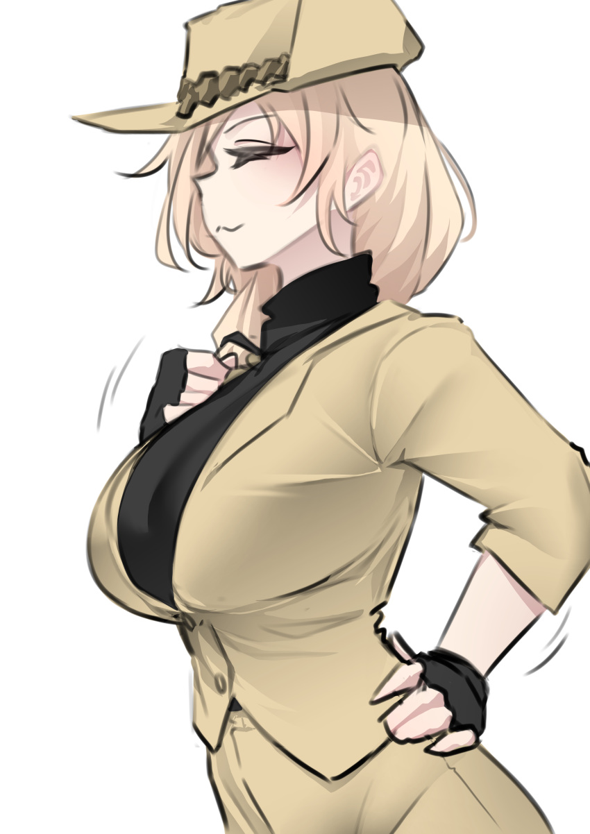 1girl, absurdres, black_gloves, black_shirt, blonde_hair, breasts, closed_eyes, closed_mouth