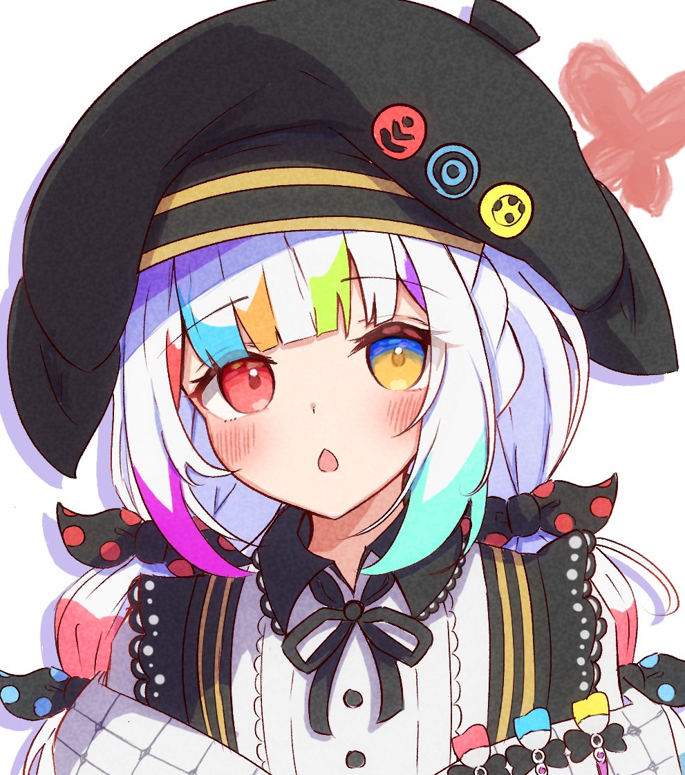 1girl, beret, black_ribbon, blunt_bangs, bow, bug, butterfly, chestnut_mouth