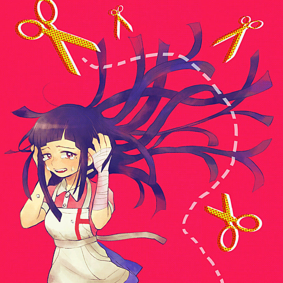 1girl, apron, bandaged_arm, bandaged_hand, bandages, blue_skirt, blunt_bangs, buttons