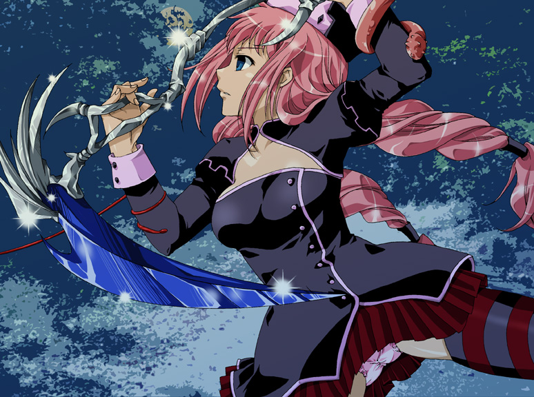 densetsu_no_yuusha_no_densetsu, kuu_orla, long_hair, panties, pink_hair, scythe, skirt, thighhighs, underwear