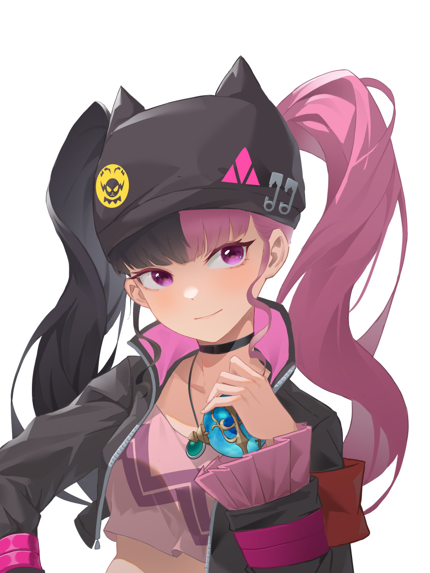 1girl, absurdres, armband, black_choker, black_hair, black_hat, black_jacket, choker, cropped_jacket, cropped_shirt, hat, highres, jacket, jewelry, kai_si_(hscn5578), long_hair, long_sleeves, looking_at_viewer, multicolored_hair, necklace, open_clothes, open_jacket, palworld, pink_eyes, pink_hair, pink_shirt, red_armband, shirt, skirt, smile, solo, split-color_hair, twintails, upper_body, white_background, zoe_rayne
