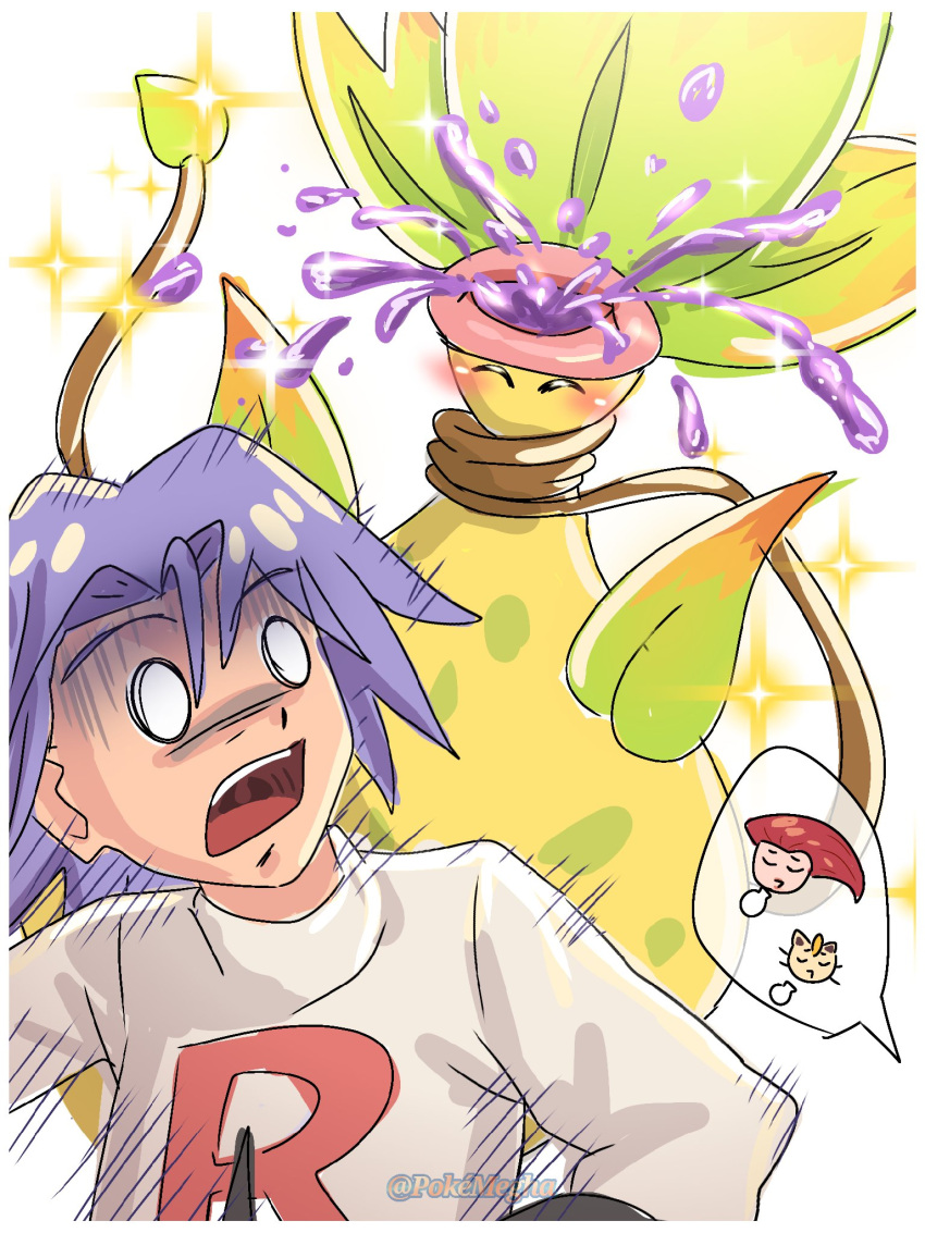 1boy, black_gloves, blue_hair, gloves, highres, james_(pokemon), jessie_(pokemon), mega_pokemon