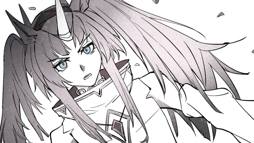 1girl, animal_ears, arknights, bare_shoulders, black_hair, blue_eyes, choker, clovisia_(arknights), dutch_angle, hair_ornament, headband, high_collar, highres, horns, horse_ears, long_hair, looking_at_viewer, njklop, parted_bangs, parted_lips, simple_background, single_horn, twintails, unicorn_girl, unicorn_horn, upper_body, white_background