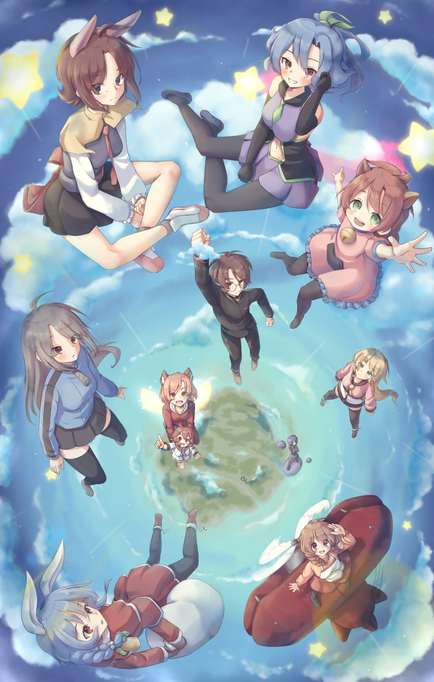 100_orange_juice, 1boy, 6+girls, above_clouds, absurdres, ahoge, aircraft, airplane