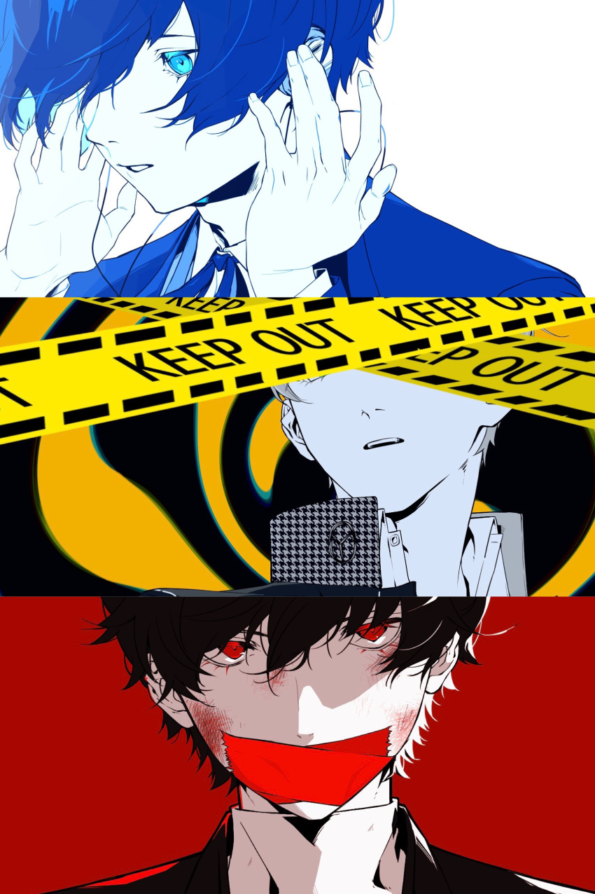 absurdres, amamiya_ren, black_hair, blue_eyes, blue_hair, caution_tape, covered_ears, covered_eyes