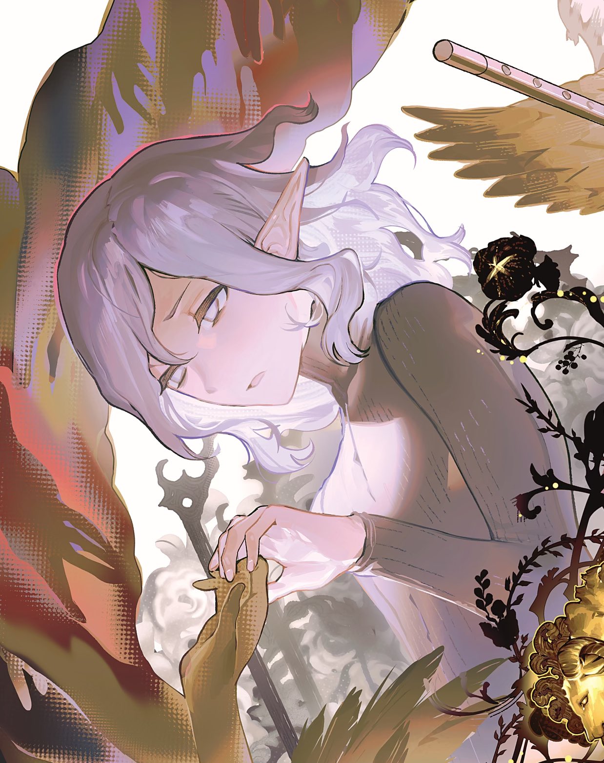 1boy, 1other, dungeon_meshi, elf, gapamopa, grey_eyes, grey_hair, highres