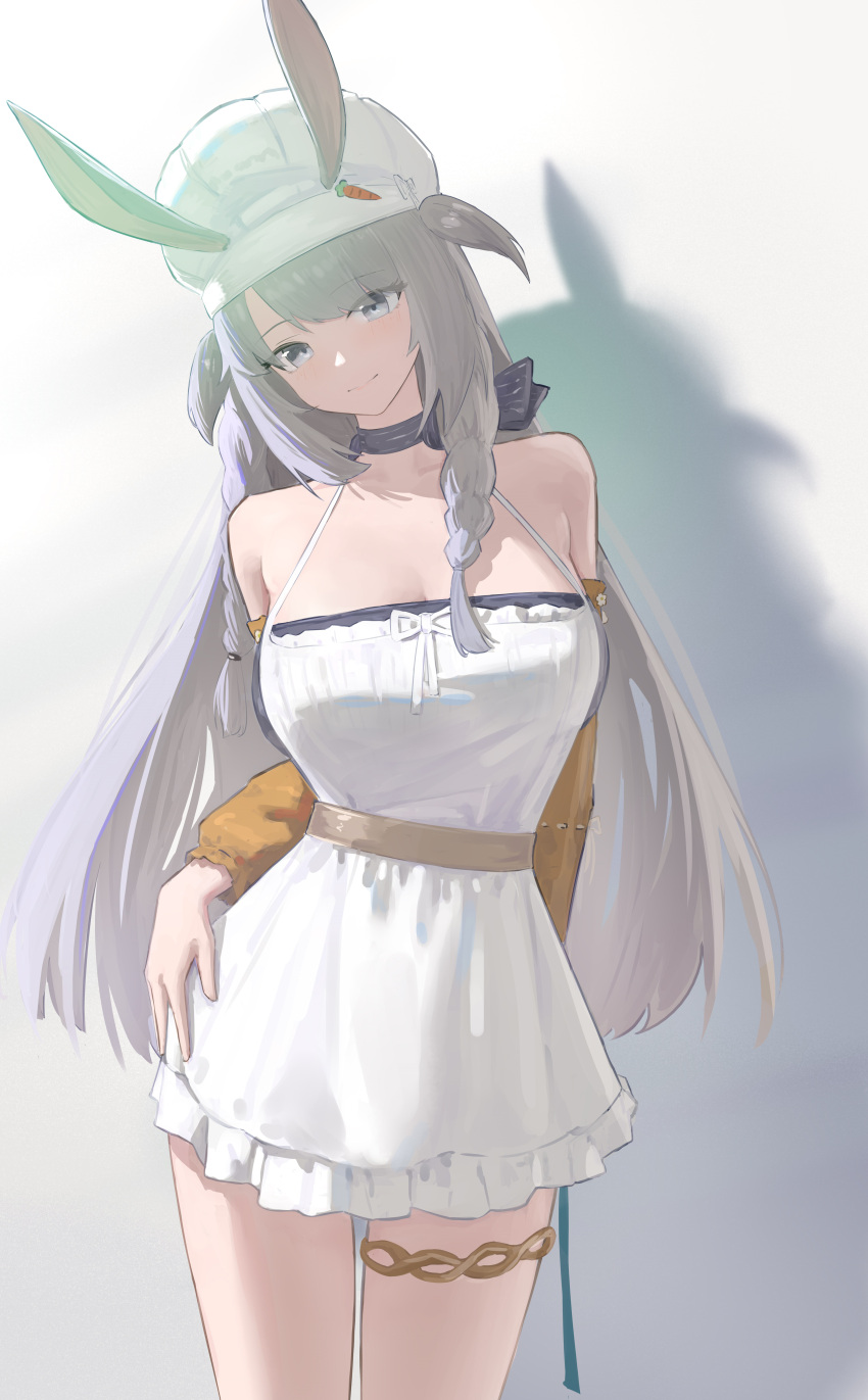 1girl, absurdres, animal_ears, apron, arknights, breasts, chef_hat, ciexbiet, grey_eyes, grey_hair, hat, highres, large_breasts, long_hair, rabbit_ears, savage_(arknights), savage_(secret_family_recipe)_(arknights), shadow, smile, thigh_strap, two_side_up, white_apron