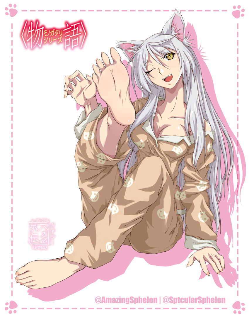 absurdres, animal_ears, bakemonogatari, barefoot, black_hanekawa, cat_ears, cat_girl, claw_pose