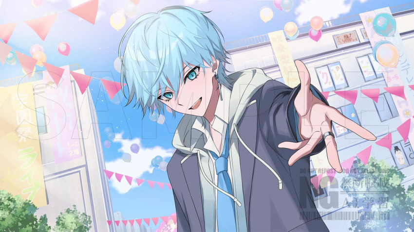 1boy, balloon, blue_eyes, blue_hair, blue_necktie, blue_sky, clouds, earrings
