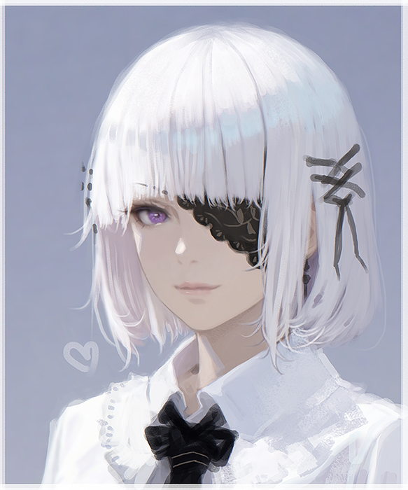 1girl, black_necktie, blunt_bangs, border, closed_mouth, collared_shirt, commentary, d.k, earrings, eyepatch, grey_background, hair_ornament, heart, jewelry, looking_at_viewer, necktie, nose, one_eye_covered, portrait, punishing:_gray_raven, shirt, short_hair, sidelocks, solo, symbol-only_commentary, vanessa_(pgr), violet_eyes, white_border, white_hair