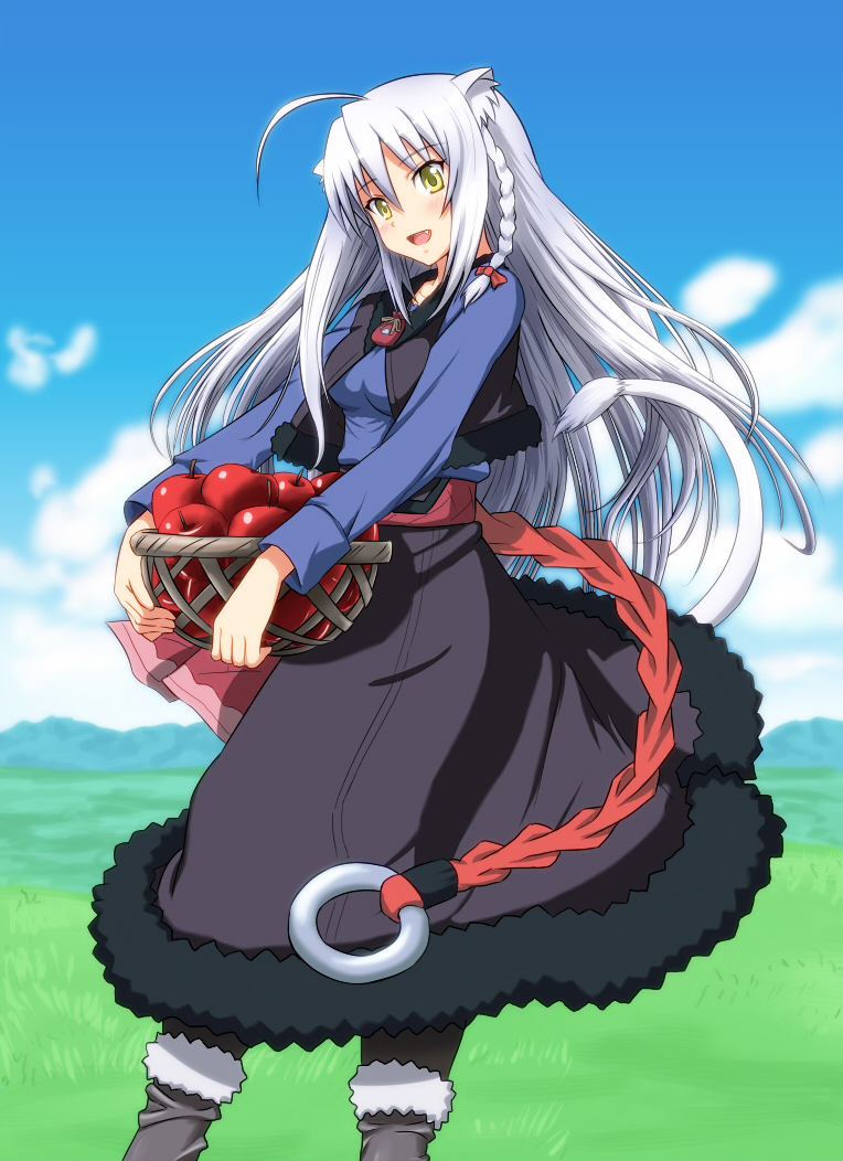 animal_ears, apple, basket, blush, braid, cosplay, derivative_work, diesel-turbo, dog_days, fang, food, fruit, holo, holo_(cosplay), horo, horo_(cosplay), koshimizu_ami, leonmitchelli_galette_des_rois, logo, open_mouth, pantyhose, parody, seiyuu_connection, seiyuu_joke, silver_hair, skirt, solo, spice_and_wolf, yellow_eyes
