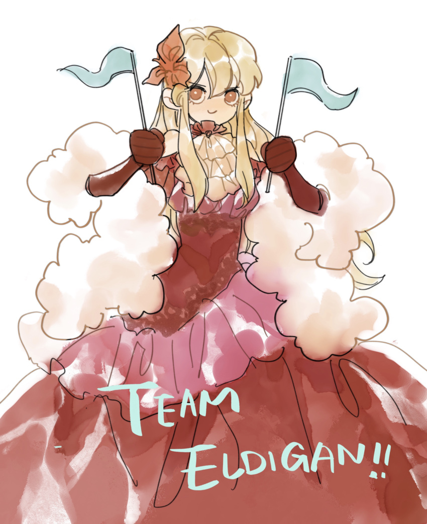 1girl, absurdres, ascot, ball_gown, bare_shoulders, blonde_hair, closed_mouth, clothing_cutout