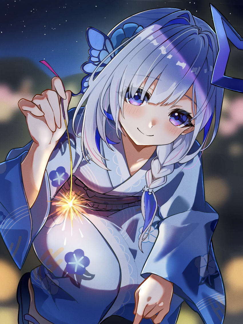 123haruno_oto, 1girl, amane_kanata, blue_halo, blue_kimono, blue_streaks, blurry, blurry_background, blush, braid, butterfly_hair_ornament, closed_mouth, commentary_request, depth_of_field, eyes_visible_through_hair, fireworks, floral_print, floral_print_kimono, grey_hair, hair_intakes, hair_ornament, hair_over_one_eye, hair_over_shoulder, halo, hand_up, highres, holding, holding_fireworks, hololive, japanese_clothes, kimono, long_bangs, long_hair, long_sleeves, looking_at_viewer, multicolored_hair, night, outdoors, print_kimono, side_braid, sky, smile, solo, sparkler, squatting, star_(sky), star_halo, starry_sky, streaked_hair, violet_eyes, virtual_youtuber, wide_sleeves