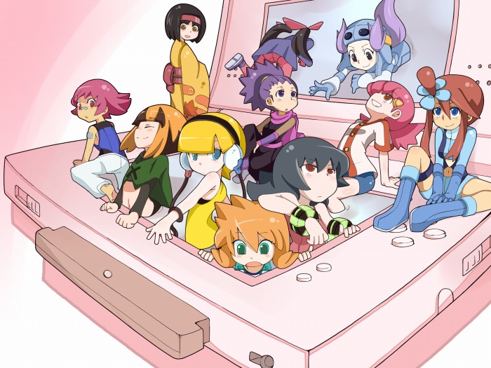 6+girls, black_hair, bob_cut, capelet, commentary_request, elesa_(pokemon), erika_(pokemon), game_cartridge