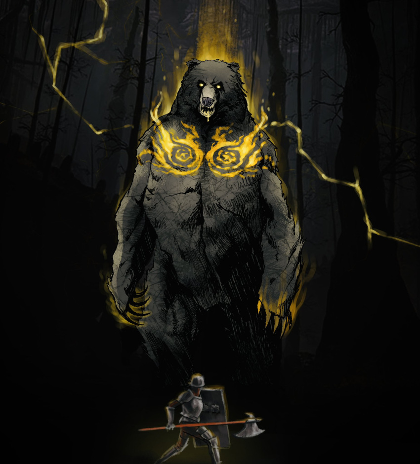 1boy, animal, armor, aura, axe, battle_axe, bear, bear_claws