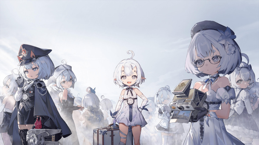 6+girls, ahoge, artist_request, bare_shoulders, bob_cut, camera, child, detached_sleeves