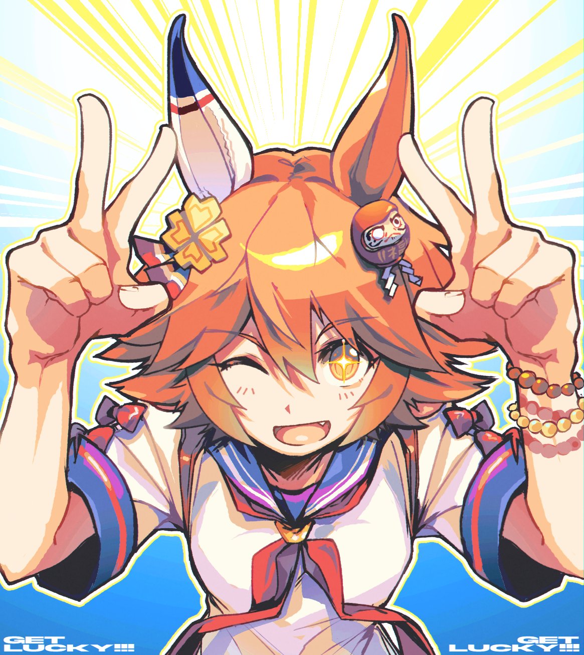 +_+, 1girl, animal_ears, blush, clover_hair_ornament, daruma_doll, double_v, ear_covers, english_text, fang, flipped_hair, hair_between_eyes, hair_ornament, highres, horse_ears, horse_girl, horse_tail, looking_at_viewer, matikanefukukitaru_(umamusume), one_eye_closed, open_mouth, orange_hair, school_uniform, shirt, short_hair, single_ear_cover, smile, solo, sora_(zombiebathwater), tail, umamusume, v