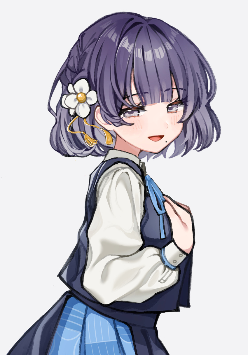 1girl, black_overskirt, black_vest, blue_ribbon, blue_skirt, blush, braid, commentary_request