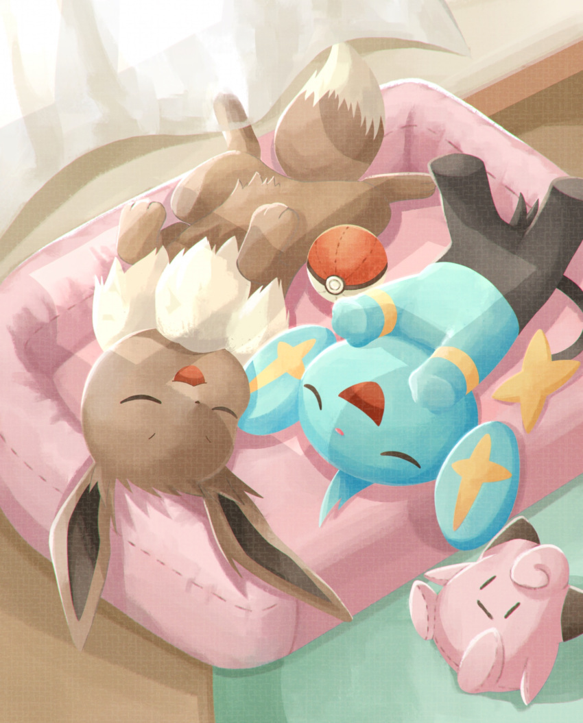 1boy, 1other, clefairy_(plush), closed_eyes, curtains, eevee, highres, indoors, lying, no_humans, on_back, open_mouth, poke_ball, pokemon, pokemon_(creature), pokemon_focus, ramune_(sea_glassblue), rug, shadow, shinx_(male), sunlight, wooden_floor