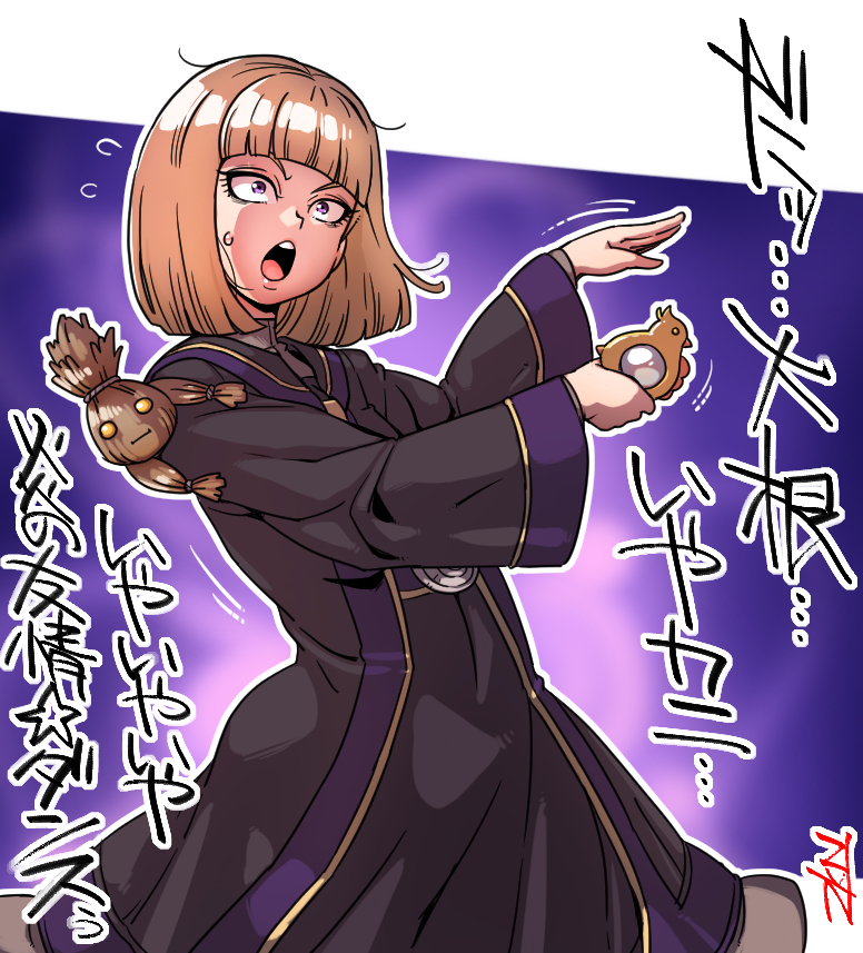 1girl, black_robe, blonde_hair, blunt_bangs, blunt_ends, border, commentary_request, dragon_quest