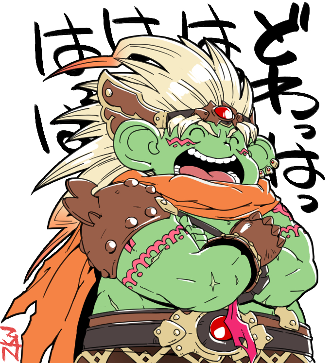 1boy, arm_tattoo, armor, blonde_hair, brown_gloves, closed_eyes, colored_skin, commentary_request