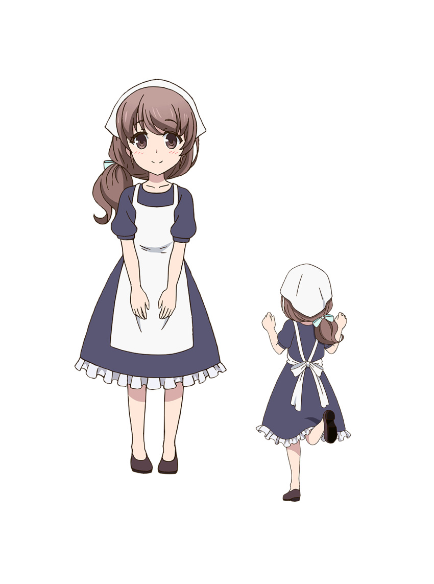 2girls, anime_coloring, apron, back, blue_dress, brown_eyes, brown_hair, brown_shoes, child, clenched_hands, closed_mouth, collarbone, dress, flats, frilled_dress, frills, from_behind, full_body, green_ribbon, hair_ribbon, hands_up, headscarf, highres, leadale_no_daichi_nite, leg_up, long_hair, looking_at_viewer, low_ponytail, lytt_(leadale_no_daichi_nite), masudate_toshihide, multiple_girls, official_art, ponytail, ribbon, shoes, simple_background, smile, standing, standing_on_one_leg, transparent_background, w_arms, white_apron, white_headscarf