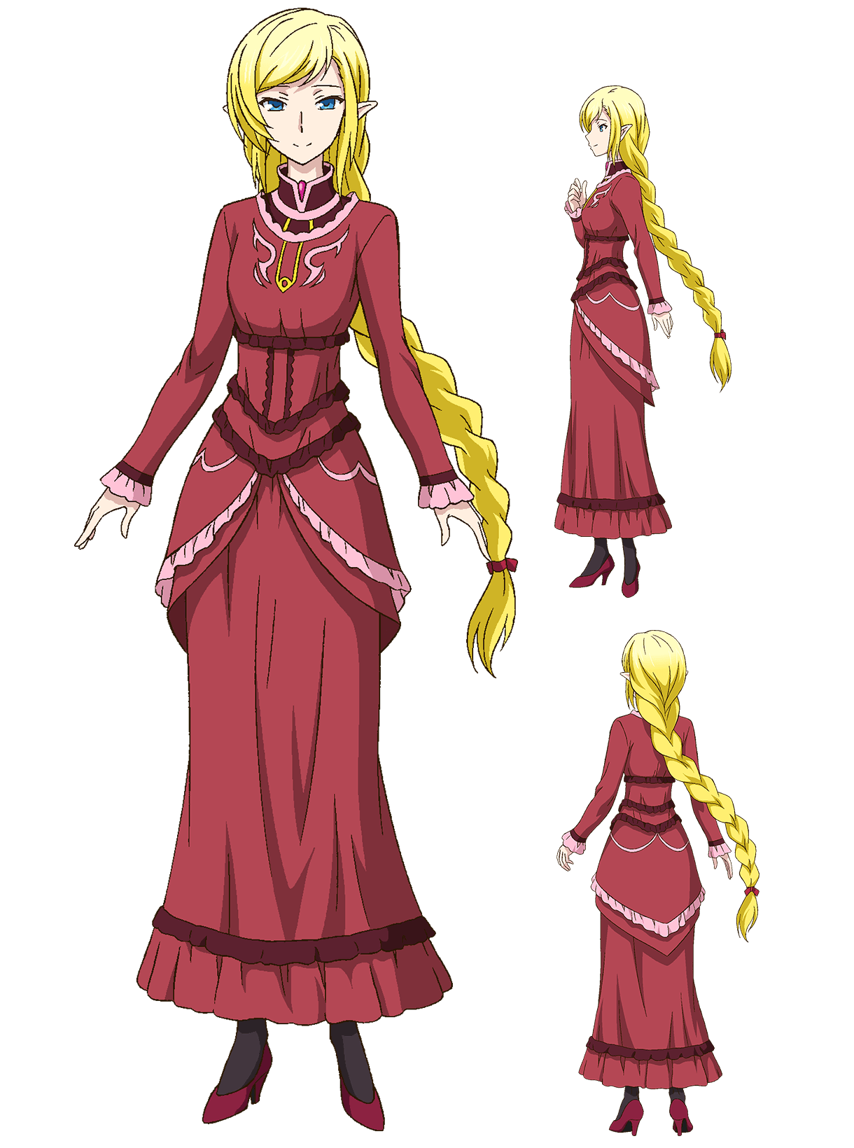3girls, anime_coloring, black_pantyhose, blonde_hair, braid, braided_ponytail, closed_mouth, collared_dress