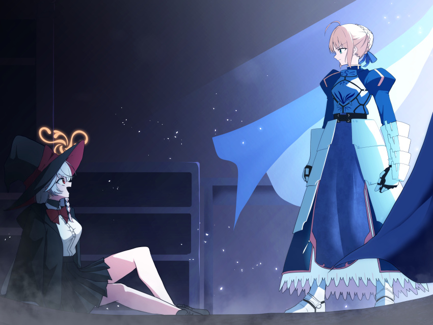 2girls, ahoge, amtkmituki, are_you_my_master, armor, armored_boots, armored_dress, armored_gloves