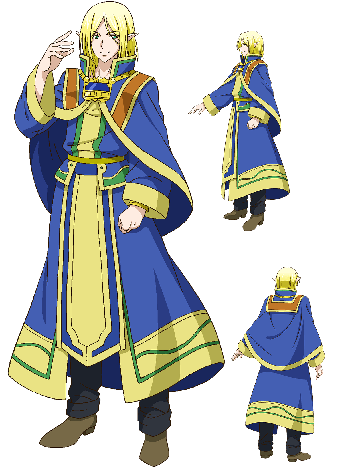 3boys, anime_coloring, belt, black_pants, blonde_hair, blue_capelet, blue_robe, boots
