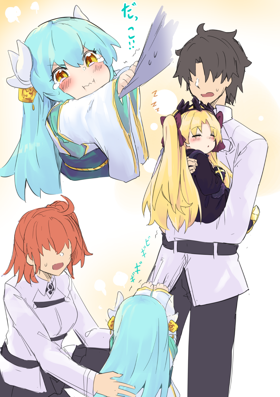 blonde_hair, ereshkigal_(fate), fate/grand_order, fate_(series), fujimaru_ritsuka_(male), green_hair, highres, kiyohime_(fate)
