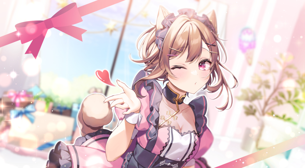 1girl, animal_ears, anzu_1026, blowing_kiss, blue_headdress, blurry, blurry_background, blush
