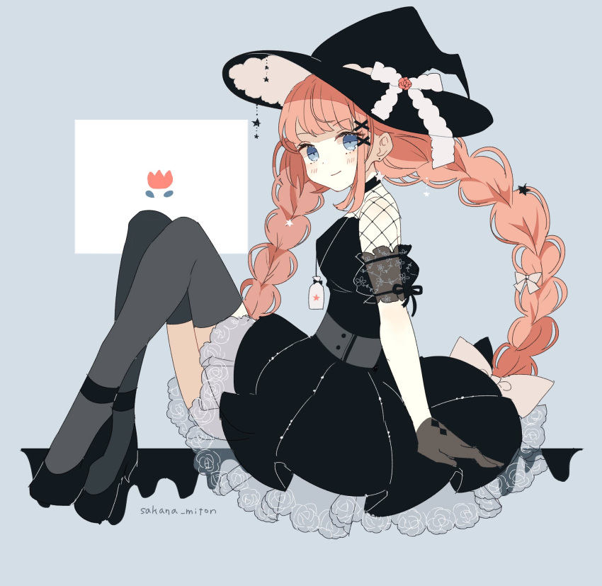 black_thighhighs, blue_eyes, blush, bow, bowtie, braid, closed_mouth, dress