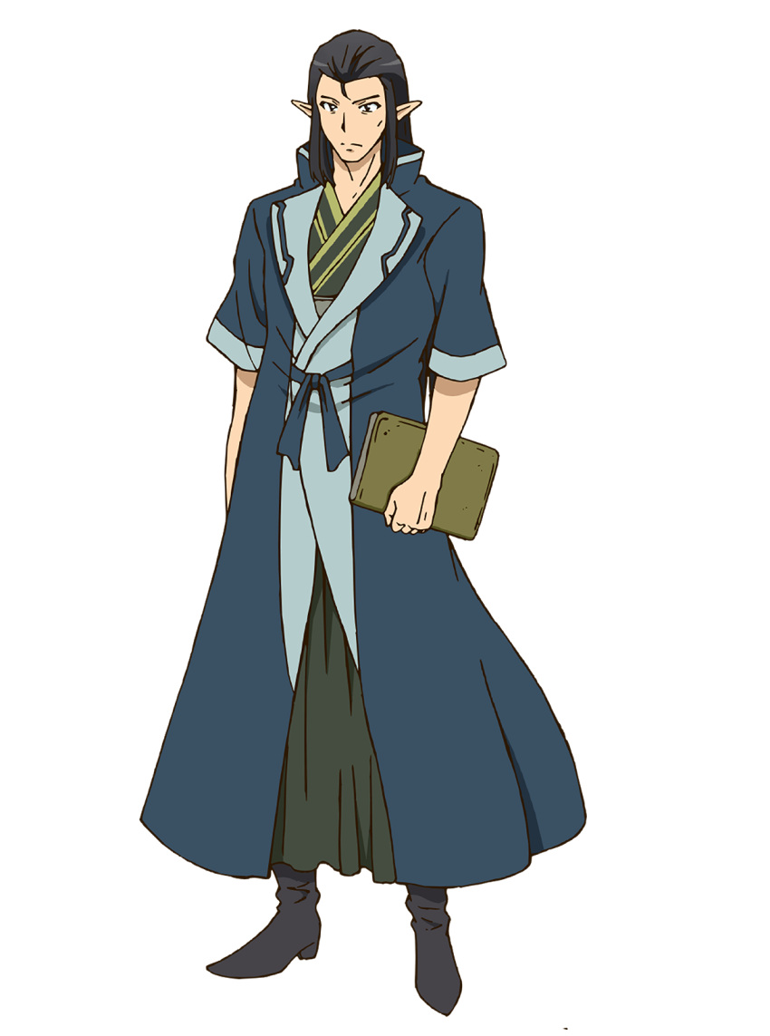 1boy, anime_coloring, black_boots, black_hair, blue_coat, book, boots, caerick_(leadale_no_daichi_nite)