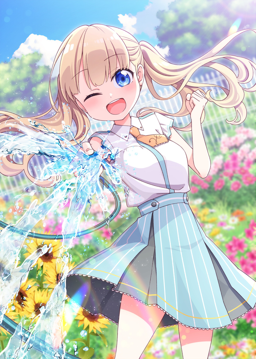 1girl, arisa_eloise_beau-regard, blonde_hair, blue_eyes, blue_skirt, blue_sky, breasts, clouds