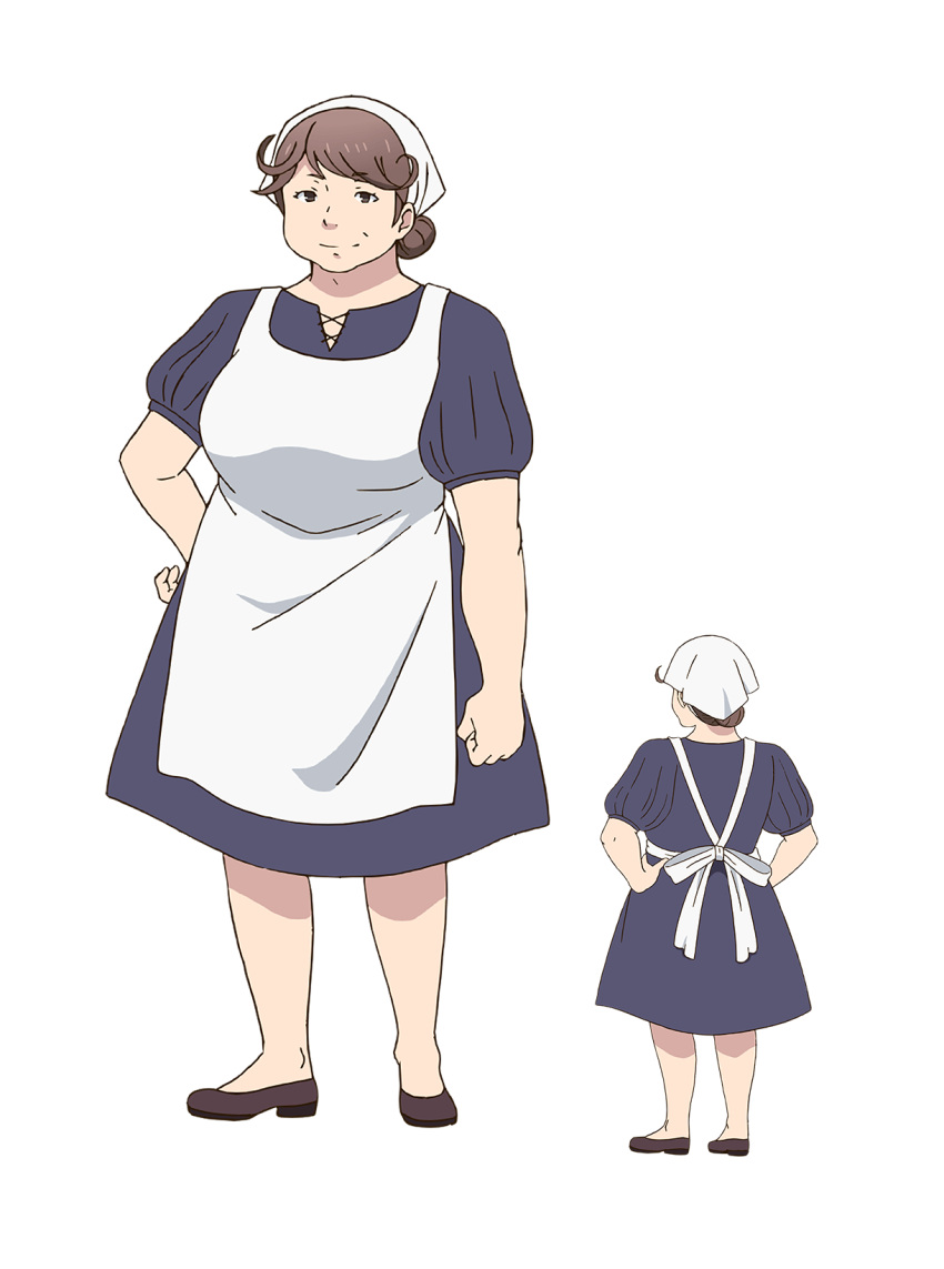 2girls, anime_coloring, apron, back, blue_dress, breasts, brown_eyes, brown_hair