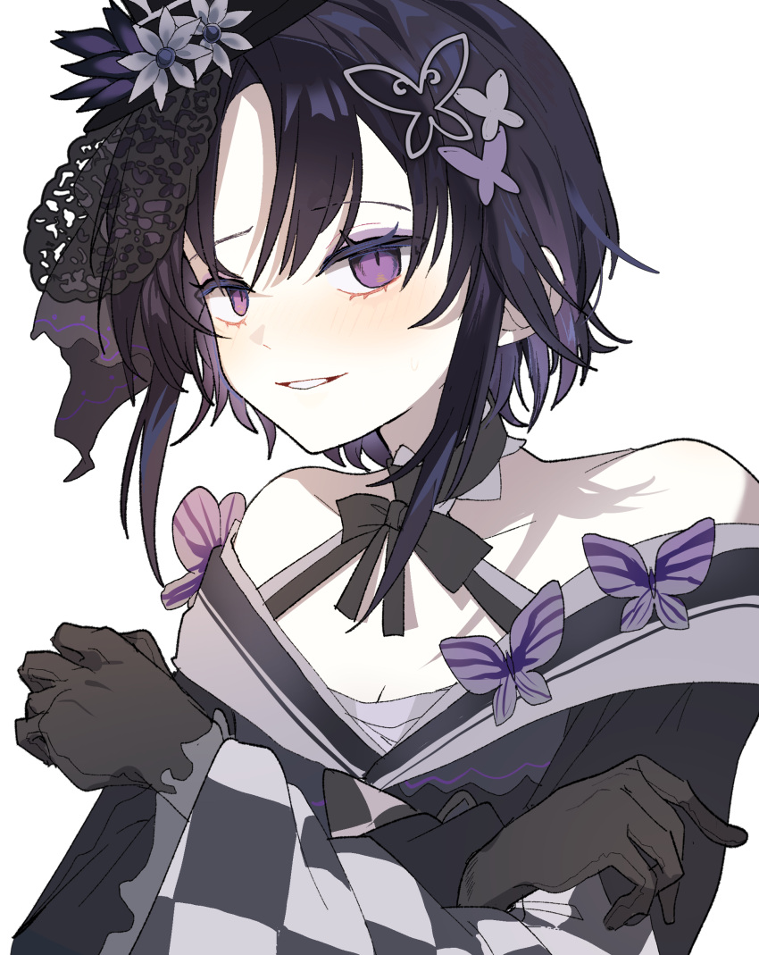 1girl, absurdres, bare_shoulders, black_choker, black_dress, black_gloves, butterfly_hair_ornament, choker, dress, flower, frilled_choker, frills, gloves, hair_ornament, hat, hat_flower, highres, houshou_margo, light_smile, looking_at_viewer, mahou_shoujo_no_majo_saiban, parted_lips, purple_hair, short_hair, sima_mnsb, simple_background, solo, violet_eyes, white_background, white_flower