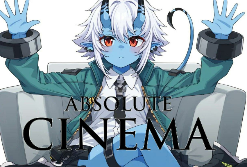 1girl, absolute_cinema_(meme), blue_skin, meme, oni, oni_horns, short_hair, soukaku_(zenless_zone_zero)