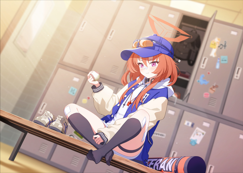 1girl, baseball, baseball_cap, bench, black_socks, blue_archive, blue_hat, blurry