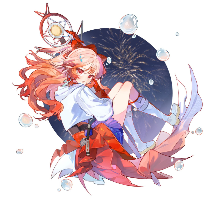 1girl, aerial_fireworks, arknights, bad_source, boots, bow, bubble, earrings