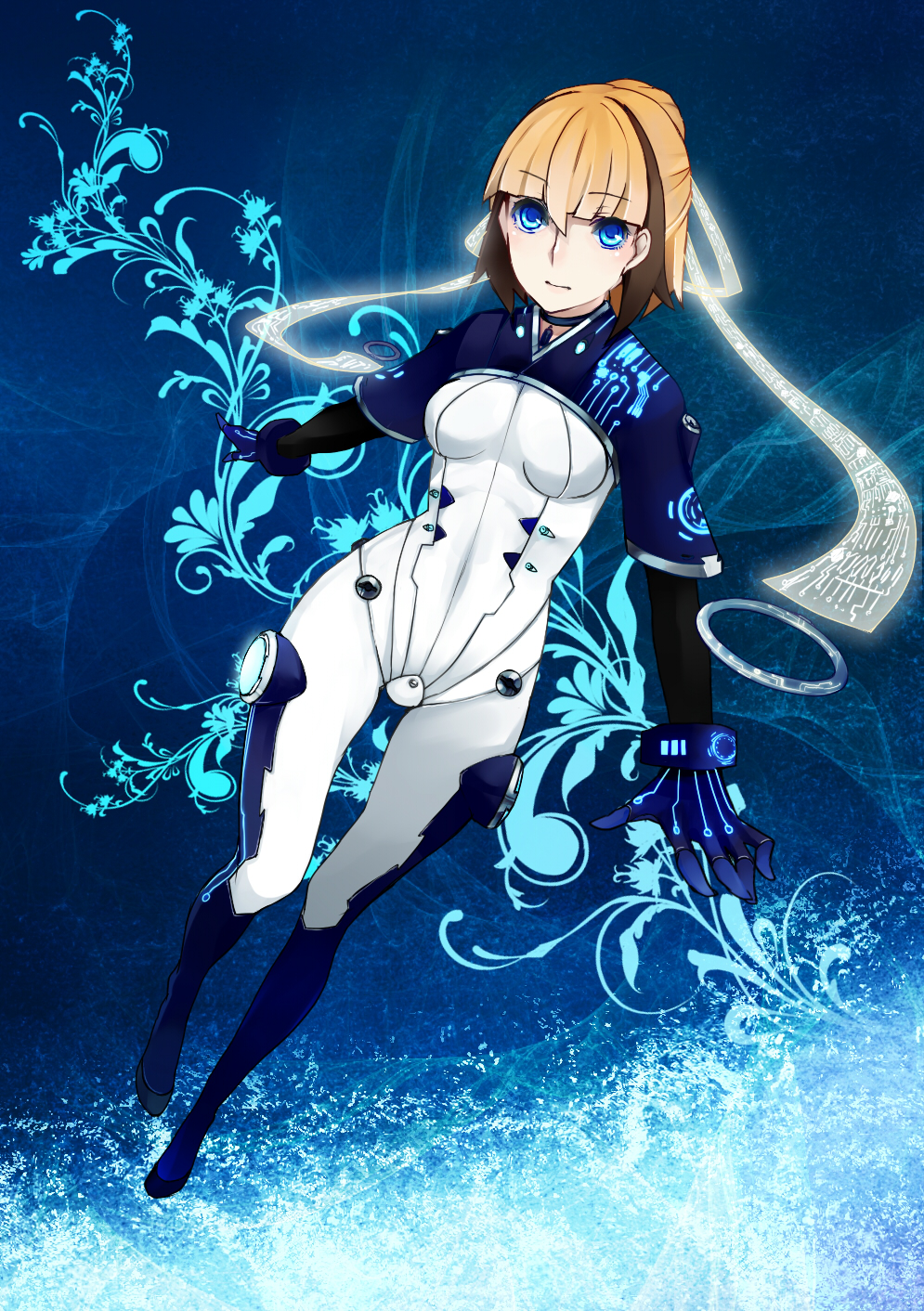 blue_eyes, bodysuit, breasts, gloves, hair_ribbon, highres, original, ponytail, ribbon, short_hair, skin_tight, solo, tensui_(yumemoyou)